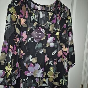 Ava & Viv Women's Floral Blouse - Black with Pink and Green Accents